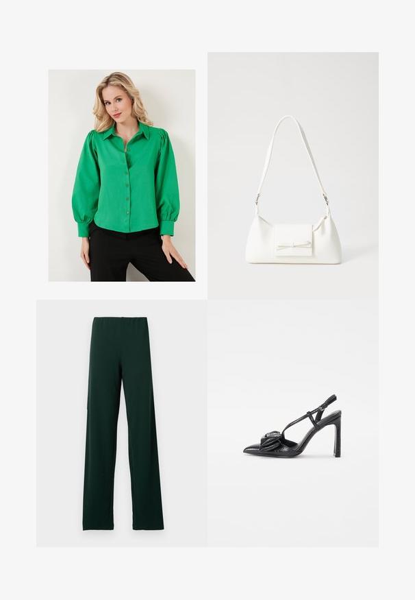 Green button-up shirt with puffed sleeves, made from a smooth fabric. Features a collar and lined buttons at the front. Worn with black bottoms.; Dark green, lightweight, stretchy trousers with a waistband and wide legs. Made of smooth fabric with no visible patterns or hardware.; Black high-heeled shoe with a pointed toe, glossy texture, thin straps, and a decorative pleated detail on the front.; White synthetic handbag with a triangular shape, flat front flap and bow detail, adjustable strap, smooth texture, and minimalistic design.