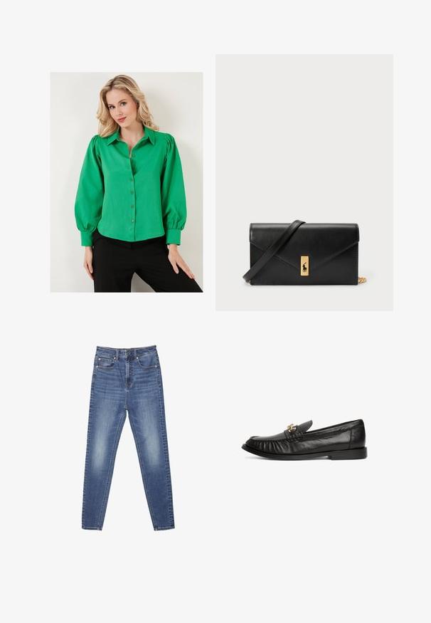 Zelená košeľa s gombíkmi a vypchatými rukávmi, vyrobená z hladkej látky. Obsahuje golier a podšité gombíky na prednej strane. Nosená s čiernymi nohavicami.; Modré džínsové nohavice so strihom s rovnými nohavicami, piatimi vreckami a viditeľnými stehmi. Tkanina má vyblednutú textúru s hladkým povrchom.; Čierne kožené loafers s okrúhlou špičkou, dekoračnou zlatou ozdobou, textúrovaným šitím na vrchnej časti a nízkou plochou podrážkou.; Čierna kožená peňaženka s preklápacou klopou, zlatými kovovými detailmi a logom. Obsahuje odnímateľný popruh na nosenie.