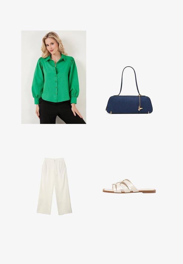 Grüne Hemdbluse mit puffärmel, aus glattem Stoff gefertigt. Verfügt über einen Kragen und gefütterte Knöpfe an der Vorderseite. Kombiniert mit schwarzen Hosen.; Helle Stoffhose mit weitem Bein und glatter Textur, ausgestattet mit einem einzelnen Knopf vorne, dezenten Falten und einem Hochbund-Design.; Flache Sandalen mit einer honigfarbenen Gummisohle, gestaltet mit drei überlappenden weißen Lederriemen und einem kleinen Schleifendetail in der Mitte.; ALDO THALELI - Handtasche - navy