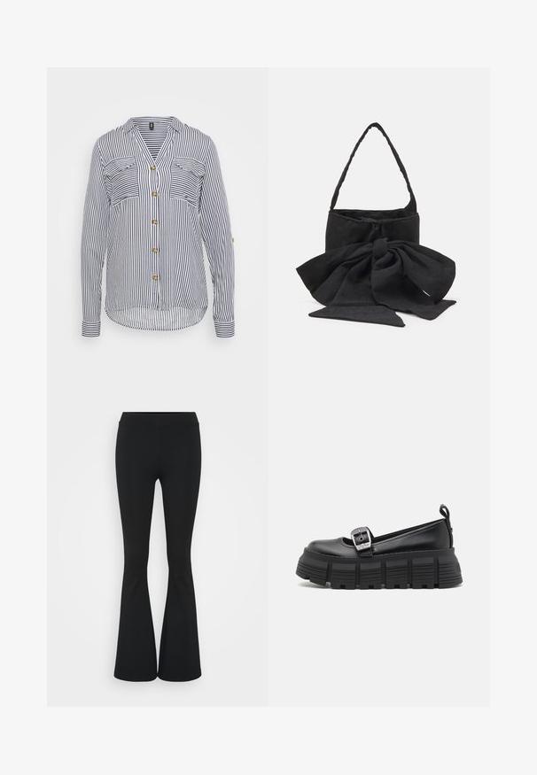 Prúžkovaná košeľa s vyhrnutými rukávmi, ktorá má tmavomodré a biele vertikálne prúžky, dve náprsné vrecká a zlaté gombíky. Dlhé rukávy s detailmi na manžetách.; Čierne rozšírené nohavice vyrobené z elastického materiálu, s vysokým pásom a hladkou textúrou. Nohavice sa rozširujú od kolena.; Čierne platformové mokasíny s okrúhlou špičkou, hladkým koženým vrchom, nastaviteľným prackovým zapínaním a textúrovanou gumovou podrážkou s horizontálnymi drážkami.; Čierna textilná kabelka s viazanou mašľou, zaobleným tvarom, textúrovaným povrchom s drobnými vzormi a jedným tenkým uchom.