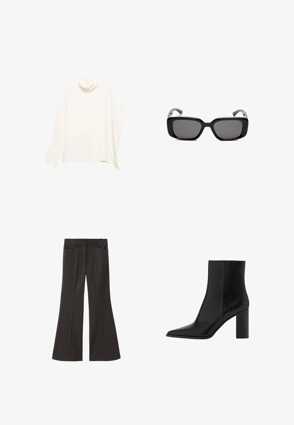 Weißes Bluse mit hohem Kragen, langen Ärmeln, Drapierungsdesign, weicher Textur und minimalistischen Stil. Verfügt über eine Knopfverschluss auf der Rückseite.; Schwarze, weit geschnittene Hosen mit hoher Taille; verfügt über zwei Fronttaschen und eine glatte Stoffoberfläche. Geeignet für verschiedene Anlässe.; Schwarze Leder-Ankle Boots mit spitzem Zehenbereich, quadratischem Absatz, glatter Textur und Nähten entlang der Nähte. Die Absätze messen ungefähr 8,9 cm.; Schwarze rechteckige Sonnenbrille mit dunklen Gläsern, glattem Kunststoffrahmen und gebogenen Bügeln. Das Design ist klobig mit einer minimalistischen Ästhetik.