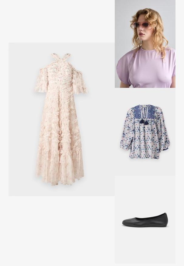 Blusa a fantasia floreale blu, bianca e rosa con scollatura a V, dettagli con frange e maniche lunghe voluminose. Tessuto in cotone.; Abito rosa chiaro con strati a volants, maniche scoperte sulle spalle e spalline incrociate sul retro. Tessuto trasparente con dettagli a motivo floreale.; Pantofole da balletto nere in pelle con punta arrotondata, texture liscia, dettagli di cucitura minimi e design con suola flessibile.; Occhiali da sole rosa con montatura geometrica, abbinati a un top morbido lavanda con scollatura rotonda e maniche a cappuccio.; Won Hundred MARSIELLE COMPUTER BAG UNISEX - Borsa porta PC - black