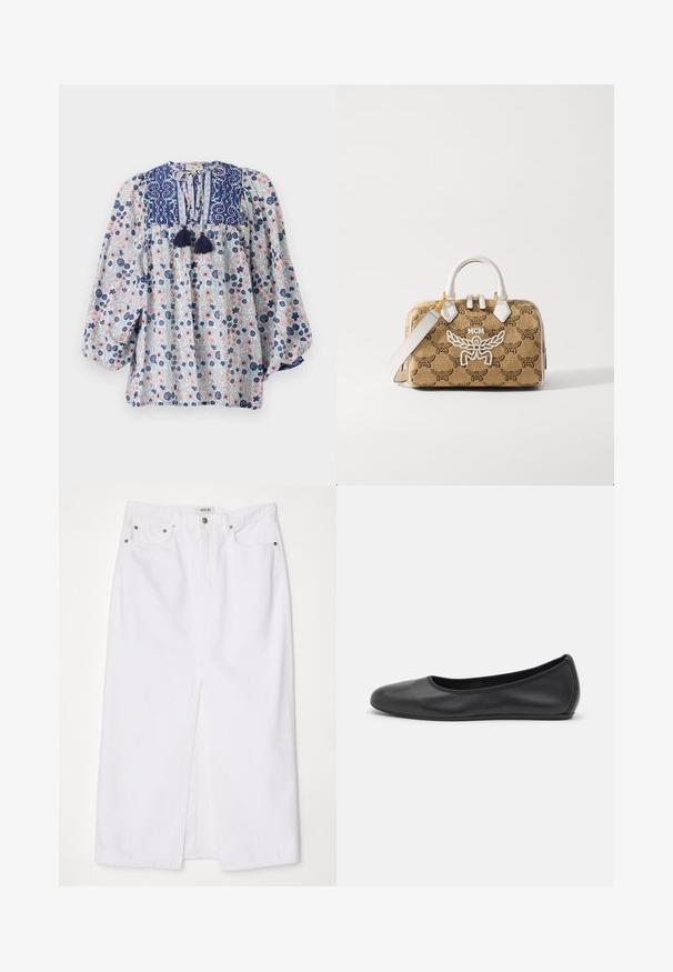 Mėlynos, baltos ir rožinės spalvų gėlių rašto bliuska su plyšiu ant kaklo, kutų detalėmis ir apimtimis ilgomis rankovėmis. Pagaminta iš medvilnės.; Balta džinsų sijonas su priekinėmis plyšiais, penkių kišenių dizainu, metaline sagtimi ir užtrauktuku, bei siuvinėtais kraštelio detalėmis.; Juodai odiniai baletai su apvaliu pirštu, lygi texture, minimalus siuvimo detales ir lanksčiu padų dizainu.; MCM ELLA BOSTON - Rankinė - beige