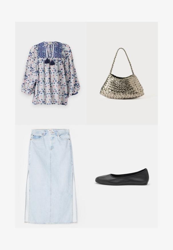 Mėlynos, baltos ir rožinės spalvų gėlių rašto bliuska su plyšiu ant kaklo, kutų detalėmis ir apimtimis ilgomis rankovėmis. Pagaminta iš medvilnės.; Šviesiai mėlynas džinsinis maksi sijonas su tiesiu kirpimu, su šoninėmis išpjovomis ir penkių kišenių dizainu. Išryškintas siuvinėjimas ir metalinė sagtis.; Juodai odiniai baletai su apvaliu pirštu, lygi texture, minimalus siuvimo detales ir lanksčiu padų dizainu.; Metalinė pintinė rankinė trikampio formos, su pintu dirželiu ir aksominiu pamušalu. Spalva: sidabrinė. Tekstūra: lygi ir kaip audinys.