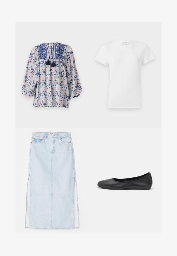 Blusa com padrão floral em azul, branco e rosa, com decote em V, detalhes com franjas e mangas longas volumosas. Tecido de algodão.; T-shirt de algodão branco com decote redondo e mangas curtas, apresentando um corte relaxado e um design minimalista. Etiqueta visível no pescoço.; Saias maxi de denim azul claro com corte reto, apresentando aberturas laterais e design de cinco bolsos. Costura proeminente e fecho com botão metálico.; Bailarina preta em pele com bico arredondado, textura suave, detalhe de costura minimalista e design de sola flexível.