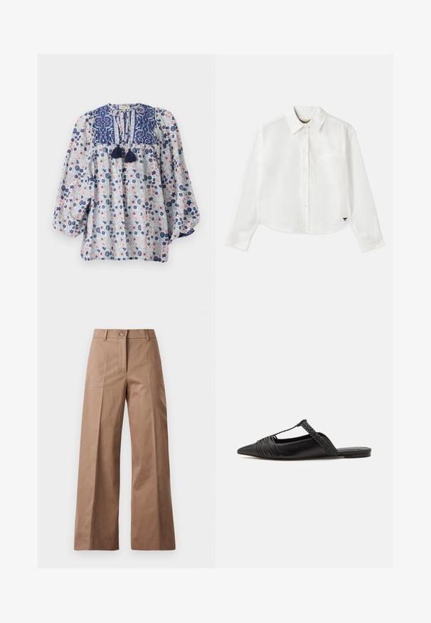 Kék, fehér és rózsaszín virágmintás blúz, elosztott nyakkivágással, bojt részletekkel és térd alá érő, puffos hosszú ujjakkal. Pamut anyag.; Fehér, rövidített hosszú ujjú, pamut ing. Gombos elülső résszel, mellzsebbel és egy kis fekete logóval a bal alsó részen.; Barna, bőszárú nadrág sima anyagból, elülső gombos zárással, két elülső zsebbel és tiszta, szabott vonalakkal.; Fekete bőr slingback cipő hegyes orral, szőtt díszítéssel és redőzött felső dizájnnal. Lapos talp minimális hardverrel.