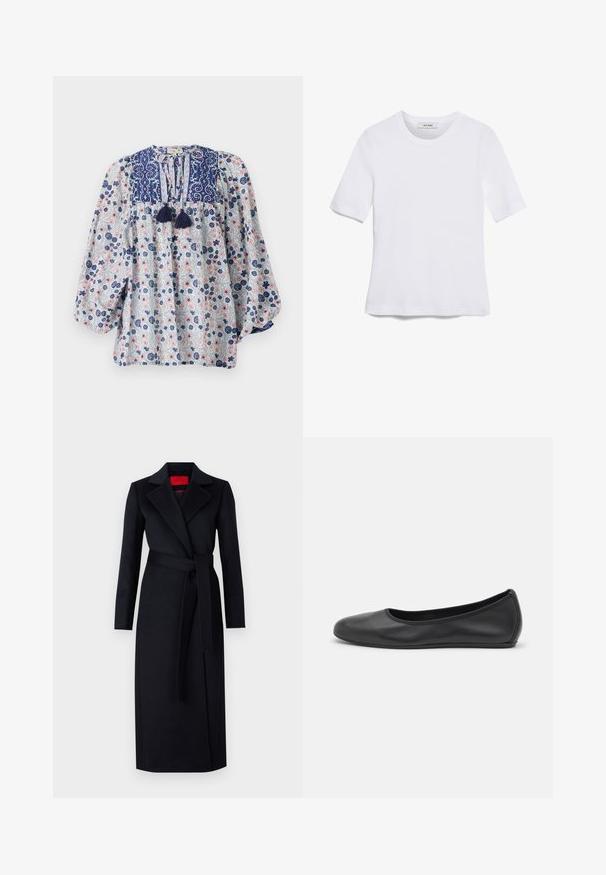 Blusa de patrón floral en azul, blanco y rosa con un escote partido, detalles de borlas y mangas largas voluminosas. Tela de algodón.; Camiseta de manga corta blanca hecha de tela de canalé. Cuello redondo, corte regular y detalles de costura sutiles. Sin patrones ni gráficos.; Abrigo negro de trinchera con mangas largas, diseño envolvente y cinturón a juego. Hecho de una tela suave, cuenta con un cuello muesca y bolsillos laterales.; Bailarina de piel negra con punta redondeada, textura suave, detalle de costura minimalista y diseño de suela flexible.