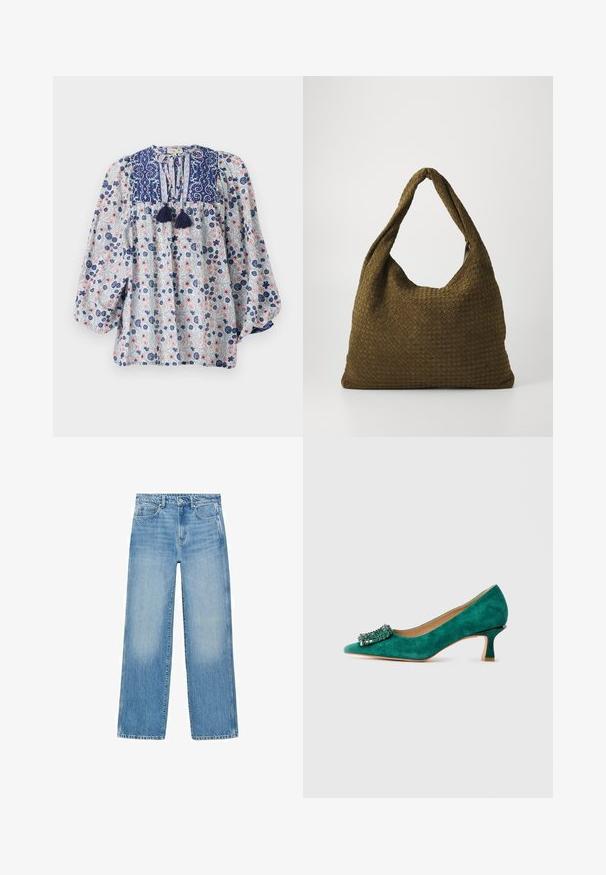 Kukkakuvioinen blusa sinisessä, valkoisessa ja vaaleanpunaisessa värissä, jossa on halkio-olkaimiset kaula-aukot, tupsu-detailit ja volyymikkaat pitkät hihat. Puuvillakangasta.; Vaaleansiniset farkut suoran leikkauksen, viiden taskun suunnittelun ja lievällä haalistumisella. Vyötäröllä on nappi- ja vetoketjukiinnitys.; Vihreä mokkanahkainen kissankengän korko, jossa on terävä kärki ja koristeellinen jalokivivetska etuosassa, esitetty sivuprofiilissa valkoista taustaa vasten.; Kudottu kangaskassi oliivinvihreänä, tilavalta pyöreältä muodoltaan ja yhdessä pitkittäisessä kantokahvassa. Pintakuviointi.