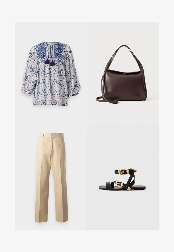 Bluză cu model floral în nuanțe de albastru, alb și roz, cu decolteu în formă de V, detalii cu ciucuri și mâneci lungi voluminoase. Fabricată din bumbac.; Pantaloni bej croiți cu un design cu picior drept, având o textură netedă, plissuri frontale centrale și un talie clasică.; Sandale din piele neagră cu accente aurii pe catarame, având mai multe curele și un design cu talpă plată pentru purtare cu degetele la vedere.; Geantă din piele maro, cu o formă structurat, având un singur mâner superior și un curea de umăr detașabilă. Detalii din metal cu ton auriu.