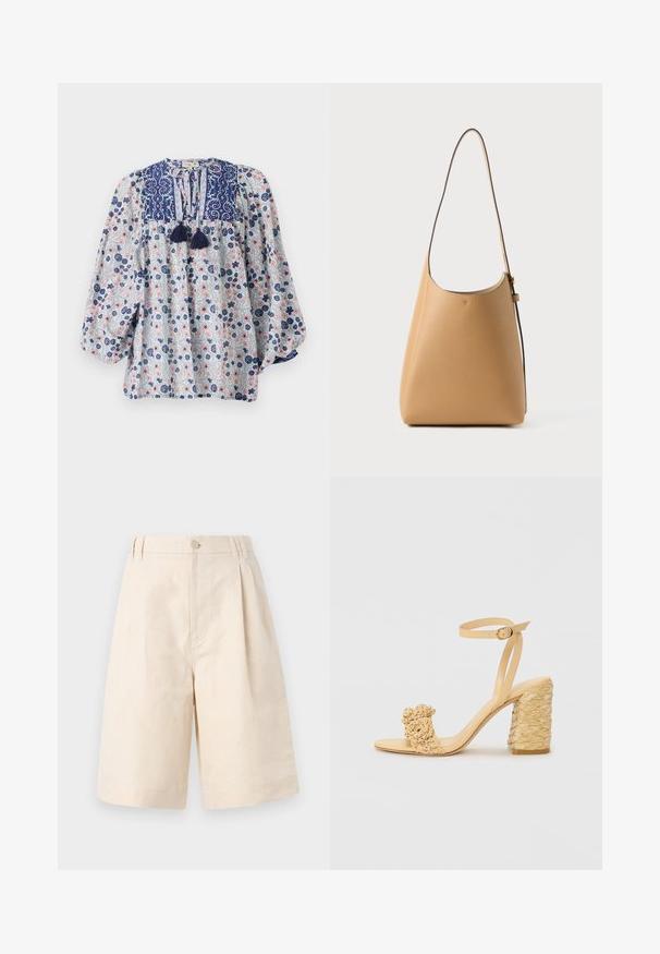 Blusa a fantasia floreale blu, bianca e rosa con scollatura a V, dettagli con frange e maniche lunghe voluminose. Tessuto in cotone.; Pantaloni shorts in lino beige con una vestibilità rilassata, dotati di chiusura con bottone, design plissettato e taglio lungo fino al ginocchio. Tessuto morbido e stile semplice.; Sandalo beige con tacco alto e texture intrecciata, dotato di un fiore decorativo e di una cinghia alla caviglia. Il tacco quadrato offre stabilità.; Borsa a spalla in pelle di un tan chiaro con una superficie liscia, design minimalista, una singola tracolla curva e dettagli hardware discreti.