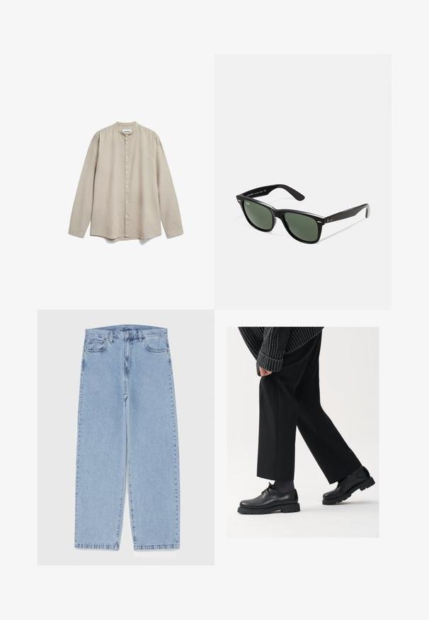 Lichtbeige langemouwen shirt met een staande kraag, knoopsluiting aan de voorkant en een losse pasvorm. Gemaakt van een gestructureerde stof met een subtiele drape.; Lichtblauwe denim jeans met een recht model, voorzien van een middelhoge taille, vijf zakken en een knoop- en ritssluiting.; Zwarte leren schoenen met een afgeronde neus, vetersluiting en een dikke, getextureerde zool. Draagt een gepaste zwarte broek en een geribbelde trui.; Zwarte plastic zonnebril met groene lenzen, vierkante montuur, zilveren accent op de wenkbrauw en een gestructureerde tempel. Merken vermeld op de binnenkant van de arm.; Kwarts horloge met een zilveren roestvrijstalen band, ronde zwarte wijzerplaat, witte uurmarkeringen en een datumaanduiding op 3 uur. Waterbestendig tot 50 meter.