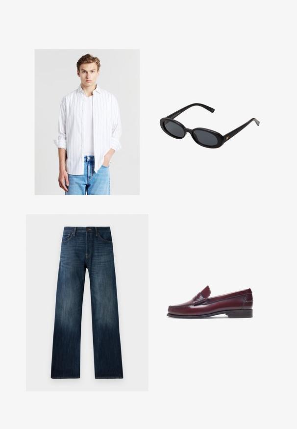 Calliope Chemise - var bianco ottico; Jeans en denim bleu foncé avec une coupe droite, présentant une texture légère, des passants de ceinture, et un style classique à cinq poches.; Mocassin en cuir bordeaux avec un bout arrondi, des détails cousus et un petit accent décoratif sur le devant. Semelle plate contrastante.; Lunettes de soleil noires surdimensionnées avec des verres ovoïdes, monture en plastique lisse et accents dorés sur les tempes. Les verres sombres offrent une protection contre le soleil.