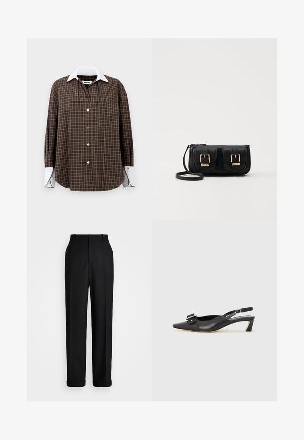 Rudas ir žalias languotas marškinis su baltu apykakle, ilgomis rankovėmis, mygtukais priekyje ir viena krūtinės kišene; pasižymi subtilia tekstūra ir apvaliu apačiu.; Polo Ralph Lauren HIGH RISE RELAXED STRAIGHT TROUSER - Kelnės - black; Juodas odinis slingback batelis su smailiu nosiu, maža pakulne ir dekoratyvine sagtimi viršuje. Lygus paviršius, minimalistas dizainas.; Juodas odinis per petį nešiojamas krepšys su dviem priekiniais kišenėmis, auksiniais sagtimis, užtrauktuko uždarymu ir siauromis petnešomis. Textūruota paviršius ir kompaktiškas stačiakampis formatas.