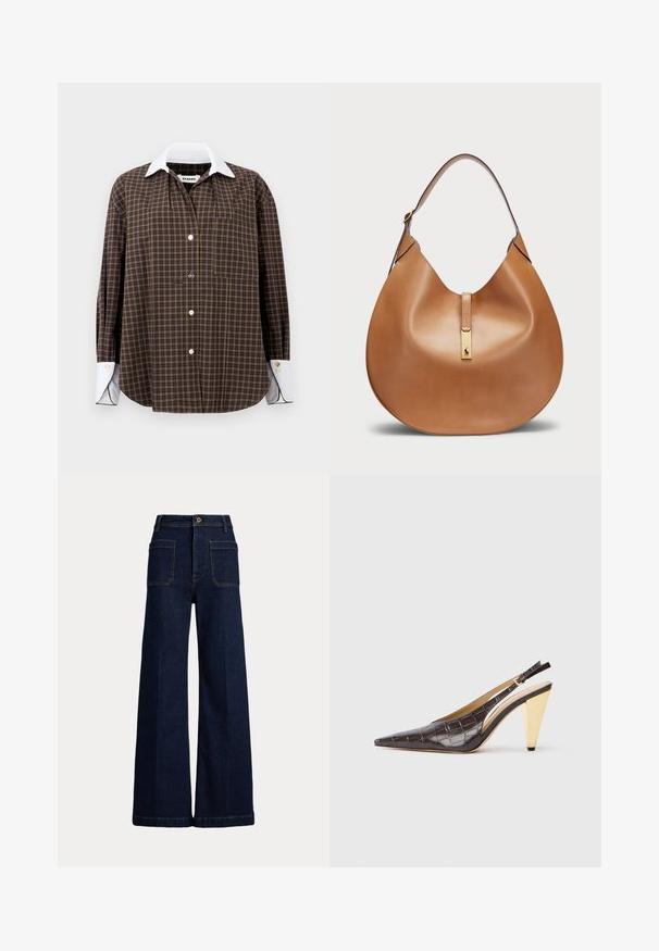 Brązowa i zielona koszula w kratkę z białym kołnierzykiem, długimi rękawami, zapięciem na guziki z przodu oraz jedną kieszenią na piersi; cechuje się delikatną teksturą i zaokrąglonym hemem.; Szerokie, ciemnoniebieskie dżinsy z wysokim stanem, pięcioma kieszeniami i kontrastowymi stębnowaniami. Posiadają zapięcie na guzik oraz wyraźny kształt.; Sandały na obcasie z przeszyciem w ciemnym brązowym lakierowanym faux krokodyle. Posiadają złoty geometrzyczny obcas oraz regulowany pasek wokół kostki.; Torba skórzana w kolorze brązowym o zaokrąglonym kształcie i szerokim pasku na ramię. Posiada złoty metalowy akcent na środku oraz gładką fakturę.