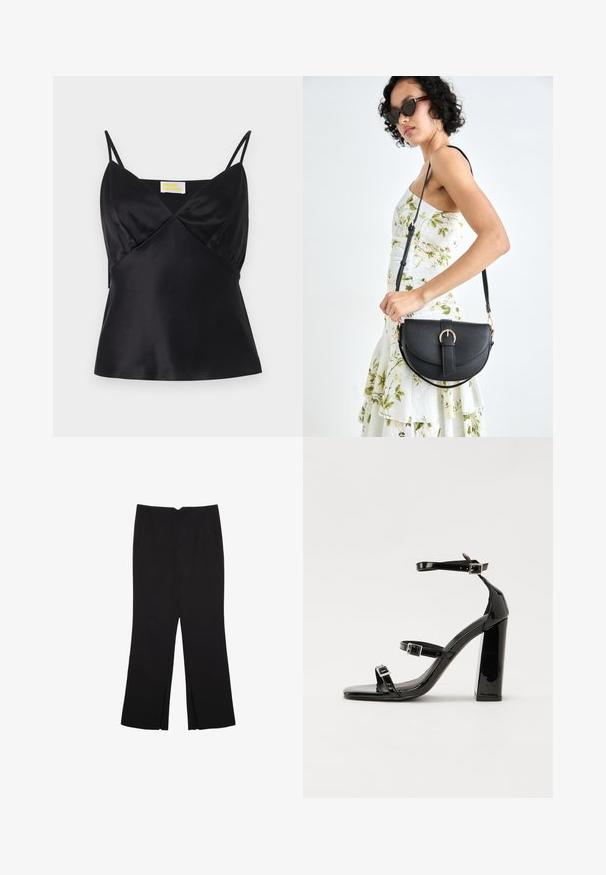 Black satin camisole featuring thin adjustable straps, a V-neckline, and a fitted silhouette with a subtle sheen and smooth texture.; Black trousers with a straight fit, featuring front pockets and side slits at the hem. Made of soft, smooth fabric. Suitable for various occasions.; Black patent heeled sandals with a square toe, ankle straps, and silver buckles. Features a chunky block heel for stability.; Black leather handbag with a curved shape, detachable strap, and gold hardware. The bag features a flap with a buckle detail.