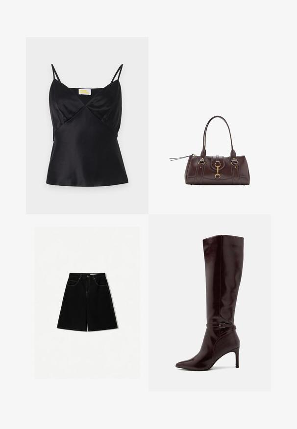 Čierna saténová korzetová košieľka s tenkými nastaviteľnými ramienkami, výstrihom do V a priliehavým strihom, ktorý má jemný lesk a hladkú textúru.; Čierne riflové kraťasy s voľným strihom, obsahujúce päť vreciek, žlté švy a stredne vysoký pás.; Anna Field Čižmy - bordeaux; Tmavohnedá kožená kabelka s dvoma hornými uchami, zlatými kovovými akcentmi, predným zámkom a prešívanými textúrami na stranách.