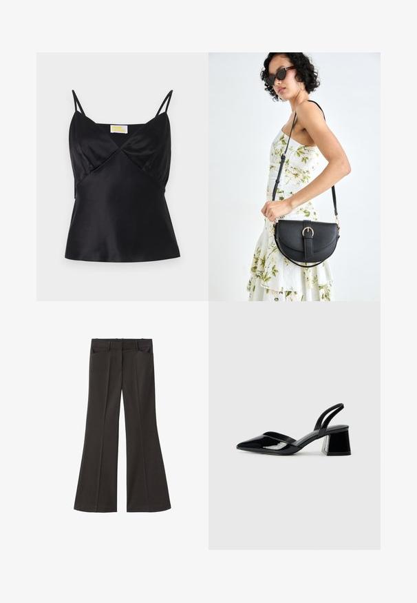 Schwarzes Satin-Cami mit dünnen, verstellbaren Trägern, einem V-Ausschnitt und einer taillierten Silhouette, die einen subtilen Glanz und eine glatte Textur aufweist.; Schwarze, weit geschnittene Hosen mit hoher Taille; verfügt über zwei Fronttaschen und eine glatte Stoffoberfläche. Geeignet für verschiedene Anlässe.; Schwarze Lackleder-Slingback-High Heels mit spitzem Schuh und einem geometrischen Blockabsatz. Verfügt über ein schlankes, minimalistisches Design und eine glatte Textur.; Schwarze Lederhandtasche mit geschwungener Form, abnehmbarem Tragegurt und goldenen Beschlägen. Die Tasche verfügt über einen Deckel mit einer Schnallen-Details.