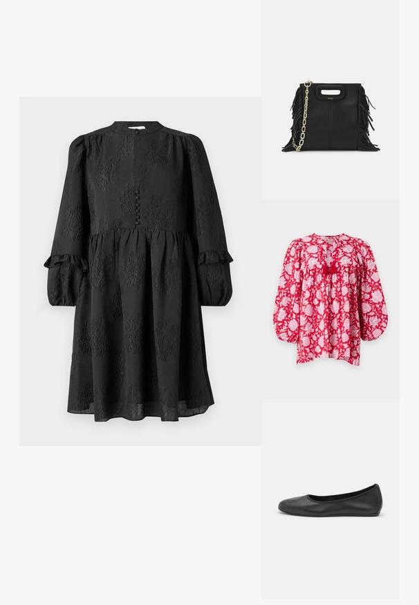 MILLE CHARLIE - Blūze - red; Hofmann Copenhagen ERLA - Dienas kleita - black; Melna ādas baleta kurpe ar noapaļotu purngalu, gludu tekstūru, minimālu šuvju detalizāciju un elastīgu zoles dizainu.; Melna ādas rokassoma ar frizūras detaļām, zelta ķēdes plecu siksnu un izgrieztu rokturi. Ir logotipa novietojums priekšpusē.