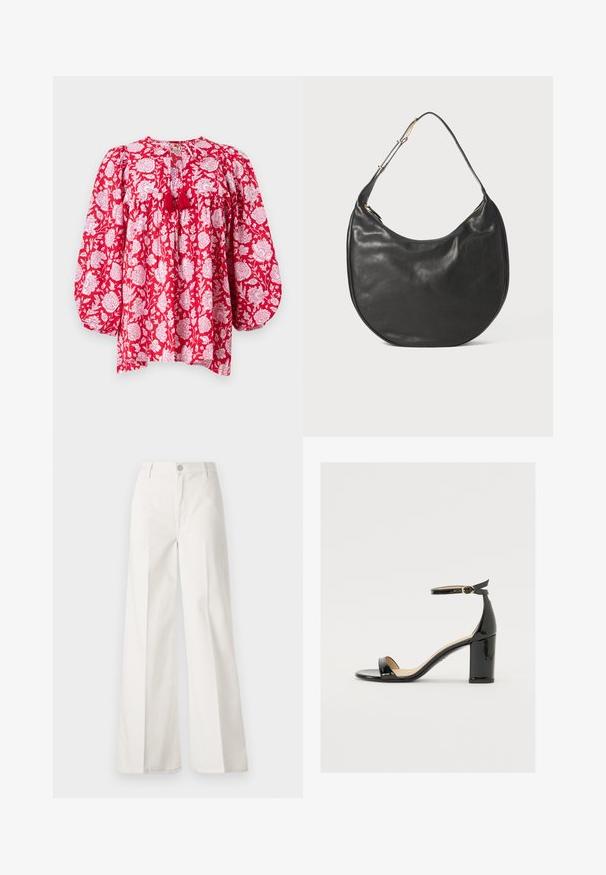 MILLE CHARLIE - Camicetta - red; Pantaloni bianchi a gamba larga realizzati in cotone con una texture liscia. Presentano un bottone anteriore, una zip e un design a quattro tasche.; Sandalo in vernice nera con tacco largo, punta aperta e cinturino alla caviglia con fibbia dorata. Texture liscia e design elegante.; Borsa hobo in pelle nera con una texture liscia, forma a mezzaluna e tracolla regolabile. Caratterizzata da una cerniera color oro e un design minimalista.