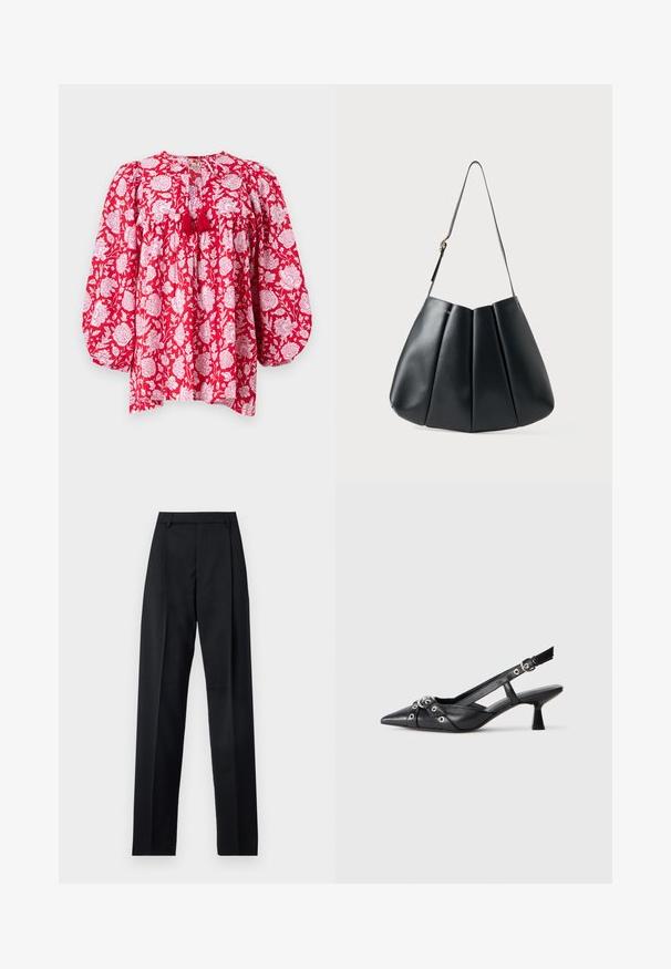 MILLE CHARLIE - Blúz - red; Fekete nadrág sima anyagból, magas derékkal, széles lábakkal, elülső redőkkel és klasszikus övhurkokkal. Oldalzsebek nem láthatók.; Fekete bőr slingback cipő hegyes orral, dekoratív pántokkal, fém szemekkel és alacsony blokk sarkú. Texturált felület.; Fekete bőr válltáska redőzött dizájnnal, sima textúrával, egyetlen pánttal és egy diszkrét arany hardver kiemeléssel.