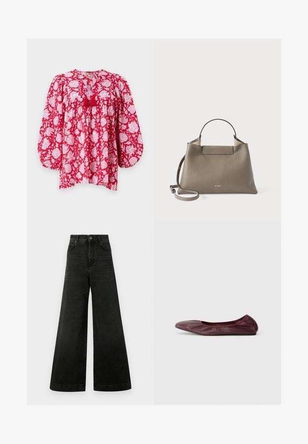 MILLE CHARLIE - Palaidinė - red; Aukštos juosmens, plačių kojų džinsai tamsiai juodo džinso audinio. Savybės: užsegimas su saga, priekinių kišenių ir lygi tekstūra su minimalia išblukimu.; Balerinai tamsiai burgundiško odos, su apvaliomis nosimis, elastingu kraštu ir lygiu paviršiumi, puošti subtiliais raukšlėmis.; Tekstūruota pilka odinė rankinė su viršutine rankena ir reguliuojamu peties diržu, pasižyminti minimalistiniu dizainu ir subtiliu prekės ženklu išrašytu priekyje.