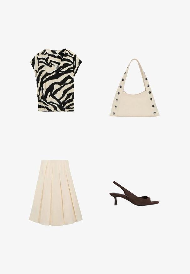 Short-sleeve, v-neck top featuring a black and cream zebra stripe pattern; made of soft fabric with a relaxed fit and subtle sheen.; Pleated skirt in cream-colored fabric; features soft texture, mid-length design, and symmetrical pleats extending from the waistband to the hem.; Brown suede slingback heels with a peep-toe design, featuring a low curved heel and a soft texture throughout.; PULL&BEAR SHOULDER - Tote bag - beige