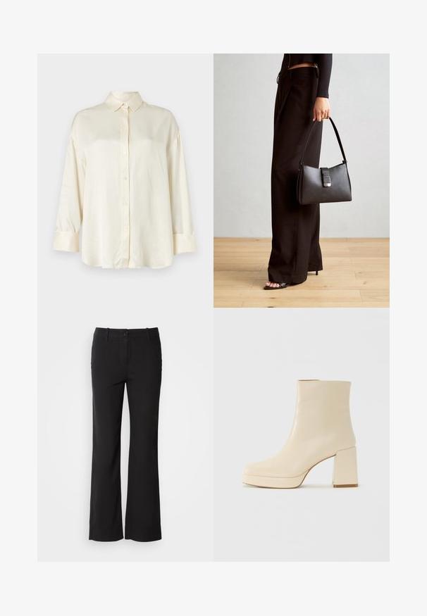 Crème-kleurig langemouwen shirt met knoopsluiting aan de voorkant, spitse kraag en manchetten van een gladde stof.; Zwarte katoenmix broek met een rechte pijpdesign, sluiting met een knop aan de voorkant en twee zijzakken. Soepele textuur, geen zichtbare patronen.; Beige leren enkelboot met blokhak en plateauzool, gladde afwerking en licht vierkante neus, gericht naar links op een witte achtergrond.; Zwarte handtas met gestructureerde vorm, gladde textuur en een metalen sluiting. Gecombineerd met brede zwarte broeken en sandalen met open teen op een houten vloer.