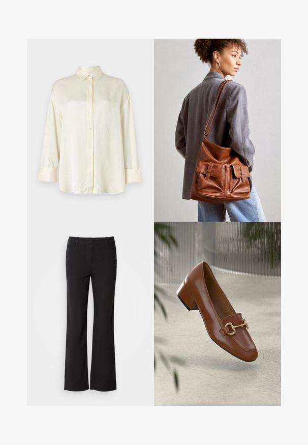 Krem-boje dugih rukava majica s dugim rukavima, s kopčanjem sprijeda, oštrim kragnom i manžetama, izrađena od glatkog materijala.; Crne hlače od pamučne mješavine ravnog kroja, s prednjim kopčanjem na gumb i dva bočna džepa. Glatka tekstura, bez vidljivih uzoraka.; Smeđi lakirani loafer s kvadratnim vrhom, metalnim lancem kao naglaskom i niskom blok petom; glatka tekstura, minimalistički dizajn.; Smeđa kožna torba u obliku kante s dva prednja džepa s kopčama. Torba ima glatku teksturu i podesivu traku.