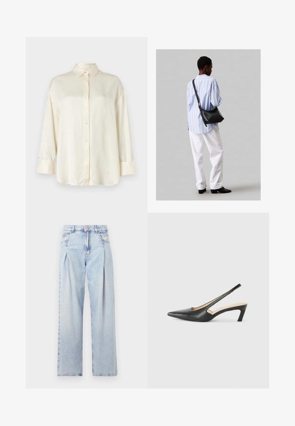 Cremefarbendes Langarmhemd mit durchgehender Knopfleiste, spitzem Kragen und geknöpften Ärmeln, gefertigt aus glattem Stoff.; Helle blaue Denim-Jeans mit hoher Taille, weitem Beinschnitt, zwei seitlichen Taschen und gefaltetem Design. Weiche Textur mit einem ausgebleichten Finish.; Schwarzer spitz zulaufender Slingback-Schuh mit niedrigem Absatz, der aus glattem Leder gefertigt ist und seitliche Ausschnitte für Atmungsaktivität aufweist.; Schwarze Leder-Umhängetasche mit weicher Textur, dreieckiger Form und verstellbarem Tragegurt, kombiniert mit einem hellblauen gestreiften Hemd und weißen Hosen.
