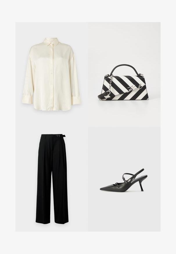 Krémová dlouhá košile s dlouhým rukávem, zapínáním na knoflíky, špičatým límcem a manžetami, vyrobená z hladké látky.; Černé široké kalhoty s vysokým pasem, záhyby vpředu a páskem s přezkou. Vyrobené z hladké, lehké tkaniny.; Černé kožené lodičky na boku s špičatou špičkou, štíhlým podpatkem a dekorativní přezkou na nártu. Hladká textura a elegantní design.; Černo-bílá pruhovaná kabelka se strukturovaným tvarem, vybavená horní rukojetí, odnímatelným řetízkem a kovovým logem.