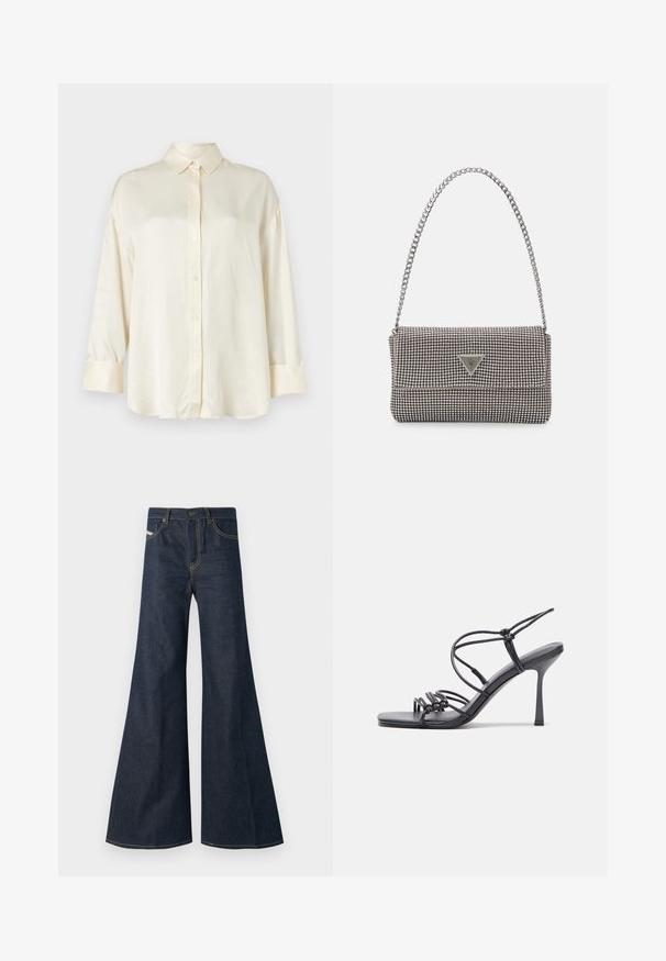 Cămașă crem cu mâneci lungi, cu închidere butonată, guler ascuțit și mâneci cu manșete, confecționată dintr-un material neted.; Jeans negri închis, evazați, din denim, având talie înaltă, accente din fir auriu și două buzunare frontale cu închidere prin buton.; Sandale negre cu toc înalt au curele subțiri cu un design legat, un vârf pătrat neted și un toc stiletto elegant.; Geantă metalică gri deschis, cu un strap din lanț, decorată cu mici ținte circulare metalice și un logo de marcă triangular.; Cercei rotunzi din argint cu un finisaj neted și strălucitor. Design ușor, având o formă rotundă și închidere cu tijă.
