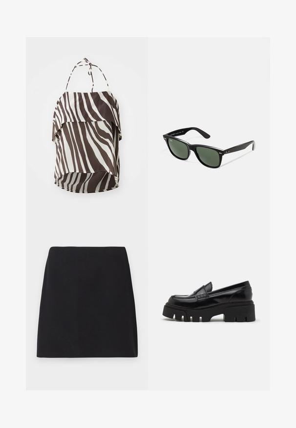 Hnědý a krémový off-the-shoulder top se vzorem zebřích pruhů, vyrobený z lehkého materiálu, s nastavitelnými zavazovacími ramínky a rozšířeným lemem.; Černá mini sukně, rovný střih, hladká textilie, bez viditelných vzorů nebo ozdob, čisté okraje, bez kovových prvků. Jednoduchý design.; Černé kožené mokasíny s robustní texturovanou platformou a dekorativním páskem přes nárt. Hladký, lesklý povrch.; Černé plastové sluneční brýle se zelenými skly, čtvercové obroučky, stříbrný detail na obočí a texturované stranice. Značka uvedená na vnitřní straně stranic.; Hnědá pletená kabelka s texturovaným povrchem, zlatými kovovými prvky a dekorativními cvočky podél okrajů. Obsahuje řetízkový popruh.