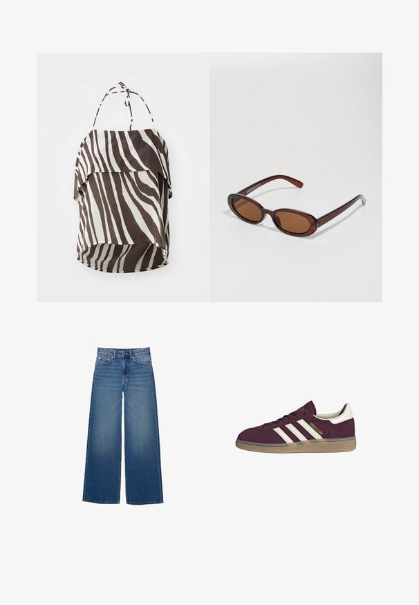 Brun och beige off-the-shoulder topp med zebramönster, tillverkad av lätt tyg, med justerbara knytband och utsvängd nederkant.; Vida jeans i denim med vida ben, hög midja, sydda detaljer och en enkel design med en lätt blekningseffekt.; Mörk röd mockaskor med vita tre ränder och beige detaljer. Har en strukturerad gummisula och guldbranding på sidan.; Runda, bruntonade solglasögon med en glansig bordeauxfärgad ram. Smala bågar med subtilt varumärkesdetalj. Platt linsdesign.; Brun vävd läderhandväska med en slapp, triangulär form. Har ett flätat handtag och en dragkedjestängning längs toppen.