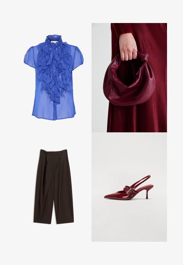 Plava prozirna bluza s naboranim prednjim dijelom, visokim ovratnikom i kratkim naboranim rukavima. Zatvara se dugmadima sprijeda.; Tamno smeđe široke hlače s visokim strukom, s jednim dugmadi na zakopčavanju i pregibom sprijeda. Izrađene od laganog materijala.; Crvene patent kožne sandale s upetačom, oštrim vrhom, dva remena s kopčama i tankim, srednje visokim štiklama. Glatka tekstura.; Bordo kožni ruksač s mekim, naboranim dizajnom i zaobljenim oblikom. Ručka je sigurno pričvršćena, pokazujući glatku teksturu.