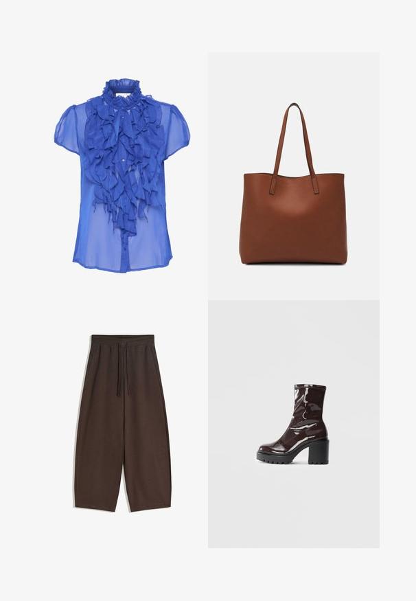 Blue sheer blouse featuring a ruffled front panel, a high collar, and short puffed sleeves. Fastens with buttons down the front.; Brown wide-legged pants made of soft fabric, featuring an elastic waistband and drawstring, with a smooth texture and clean design.; Glossy burgundy ankle boot with a chunky black heel, featuring a smooth texture and simple design. No visible fastenings or patterns.; Brown leather tote bag with a smooth texture, open top design, and two shoulder straps. Features minimal stitching and no visible hardware.