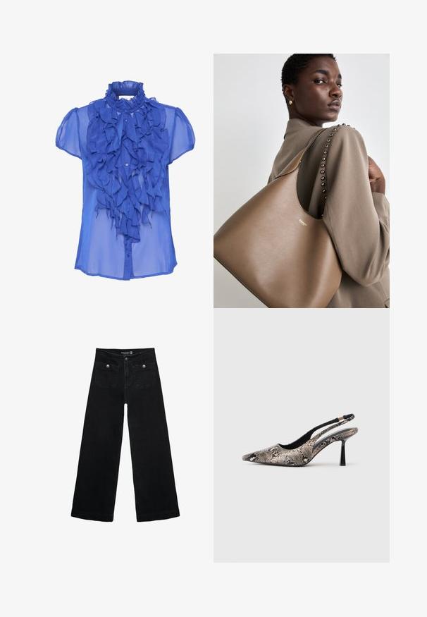 Modrá průsvitná blůza se zdobeným předním designem, krátkými rukávy a vysokým límcem. Tlačítka viditelná podél předního zapínání.; Černé široké džíny s vysokým pasem, obsahující dvě přední kapsy a kovové knoflíkové detaily. Látka má hladkou texturu.; Sandalové boty s špičatou špičkou vyrobené z texturovaného hadího vzoru, s úzkým černým podpatkem a výřezovým designem na bocích.; Hnědá kožená kabelka s hladkým povrchem, s zakřiveným siluetou a kovovým logem. Popruh má ozdobné hřebíky podél švu.