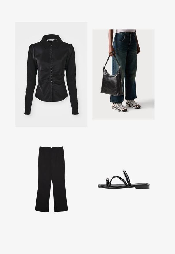 Črna dolgo-slučna majica s ovratnikom, z nabrano sprednjo zasnovo in z gumbom za zapiranje, izdelana iz gladkega materiala.; Črne hlače ravnega kroja z naglavnimi žepi in stranskimi razporki na robu. Narejene iz mehke, gladke tkanine. Primerne za različne priložnosti.; Črne ravne sandale s sijajno končno obdelavo, tremi tankimi trakovi in okroglo kovinsko podrobnostjo na prstih. Elegantna zasnova z minimalnim peto.; Črna usnjena torba za ramo z gladko teksturo in nastavljivim trakom, v kombinaciji z zbledelimi širokimi hlačami in športnimi supergami.