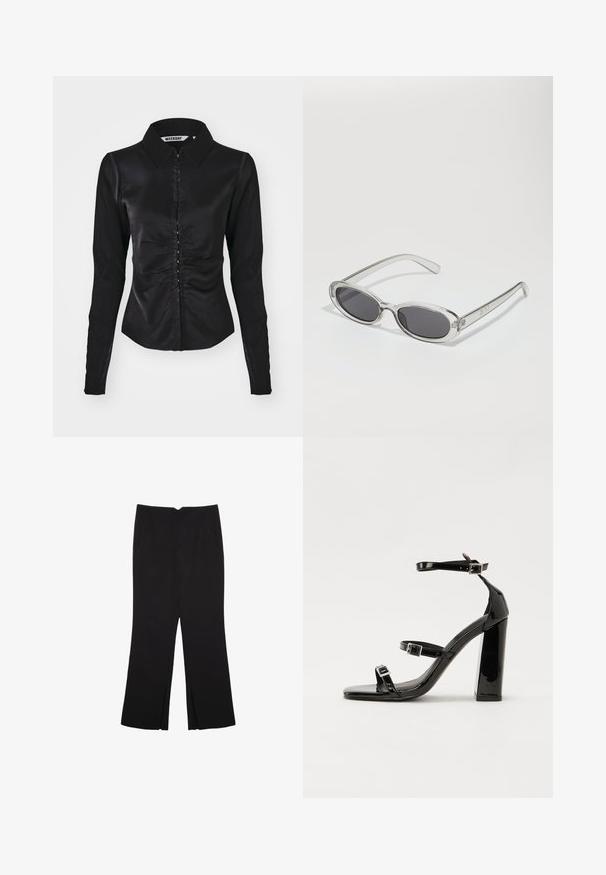 Schwarzes Langarmshirt mit Kragen, das ein gerafftes Vorderdesign und eine Knopfleiste aufweist, gefertigt aus einem glatten Stoff.; Schwarze Hose mit geradem Schnitt, ausgestattet mit Fronttaschen und Seitenschlitzen am Saum. Hergestellt aus weichem, glattem Stoff. Geeignet für verschiedene Anlässe.; Schwarze patentierte Sandalen mit Absatz, quadratischer Spitze, Knöchelriemen und silbernen Schnallen. Mit einem stabilen Blockabsatz für mehr Stabilität.; Sonnenbrille mit ovaler Form, klarem Kunststoffrahmen, dunkelgrauen Gläsern und dünnen transparenten Bügeln mit Logo-Akzenten und minimalen Details.; Schwarze Lederhandtasche mit geschwungener Form, abnehmbarem Tragegurt und goldenen Beschlägen. Die Tasche verfügt über einen Deckel mit einer Schnallen-Details.