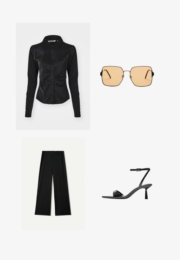Magnifica camicia nera a maniche lunghe con colletto, caratterizzata da un design arricciato sul davanti e chiusura con bottoni, realizzata in un tessuto morbido.; Bershka WIDE - Pantaloni - black; Bershka Sandali con tacco - black; Occhiali da sole quadrati con lenti marroni e una sottile montatura in metallo nero. Presentano tempie angolari e naselli regolabili per il massimo comfort.; Bershka WITH CHAIN - Borsa a mano - black