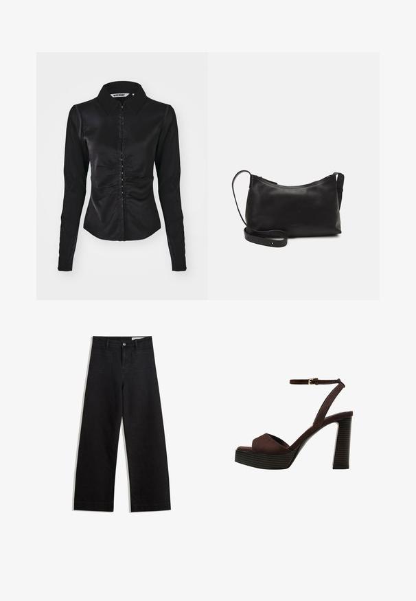 Schwarzes Langarmshirt mit Kragen, das ein gerafftes Vorderdesign und eine Knopfleiste aufweist, gefertigt aus einem glatten Stoff.; Schwarze weit geschnittene Jeans mit hoher Taille, ausgestattet mit Vorder- und Hintertaschen, gesteppten Nähten und einem Knopfverschluss. Glatte Textur.; Braune Wildleder-Pumps mit offenem Zeh, verstellbarem Knöchelriemen und gestreiftem Plateausohlen.; Schwarze Ledertasche für die Schulter mit glatter Textur, geschwungener Form, verstellbarem Tragegurt und Reißverschluss. Minimalistisches Design ohne Verzierungen.