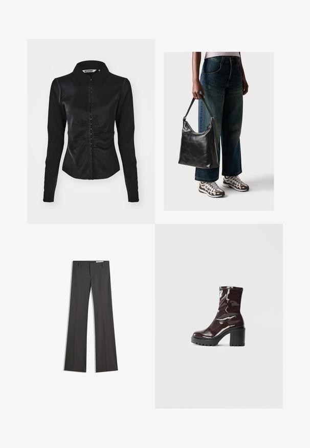 Magnifica camicia nera a maniche lunghe con colletto, caratterizzata da un design arricciato sul davanti e chiusura con bottoni, realizzata in un tessuto morbido.; Pantaloni grigi a campana in un tessuto morbido, con vita piatta, passanti per la cintura e un design su misura con linee pulite.; Stivale alla caviglia bordeaux lucido con un tacco spesso nero, caratterizzato da una superficie liscia e un design semplice. Nessuna chiusura visibile o motivo.; Borsa a tracolla nera in pelle con una texture liscia e tracolla regolabile, abbinata a jeans ampi sbiaditi e sneakers sportive.
