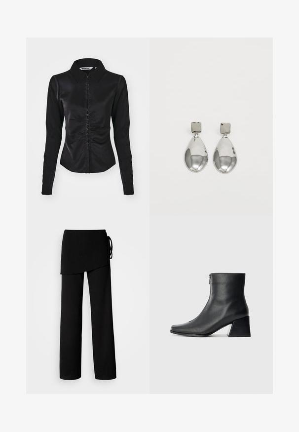 Svart langermet skjorte med krage, med en rynket frontdesign og knappelukking, laget av et glatt stoff.; Svart bredbeinede bukser laget av et teksturert, lett stoff. Har en lagdelt, asymmetrisk midje med knyting på siden.; Sorte skinnankelsko med firkantet tå, glidelås på siden og blokkhæl mot en vanlig lys bakgrunn.; Sølv dråpeøreringer med firkantet studs, med en glatt, polert overflate og en tåreformet design som reflekterer lys med en blank overflate.