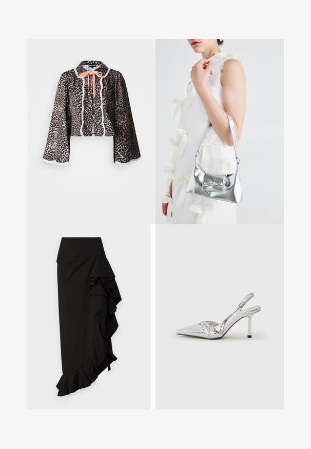 Trumpas leopardo rašto bluzonas su juodu pagrindu, kreminės spalvos nėrinių apdaila ir oranžinė juostelė kaklo zonoje. Ilgos platėjančios rankovės.; Sister Jane WATERFALL SKIRT - Maksi sijonas - black; Sidabriniai slingback aukštakulniai batai su smailia pavadinimu, metaliniu paviršiumi, dviem dekoratyvinėmis juostelėmis ir lieknu kulnu su juodu galiuku.; Sidabrinė metalinė rankinė su struktūrizuota forma, turinti viršutinę rankeną ir kaspiną priekyje. Lygi tekstūra, atspindinti apdaila.