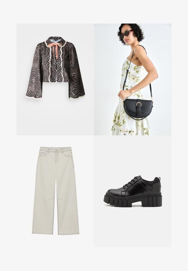 Cropped leopard print blouse with a black base, cream lace trim, and an orange ribbon tie at the neck. Long flared sleeves.; Light gray wide-leg pants with five pockets, front button closure, and contrast stitching along seams. Fabric appears soft and durable.; Black leather platform shoes with a chunky block heel, round toe, and traditional lace-up design. Features smooth texture and minimal detailing.; Black leather handbag with a curved shape, detachable strap, and gold hardware. The bag features a flap with a buckle detail.