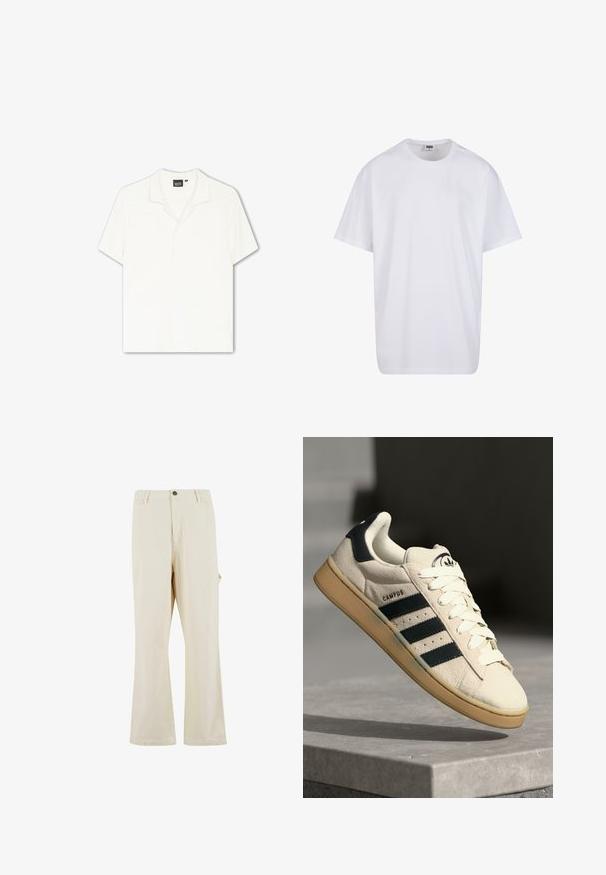 Koszula z krótkim rękawem w kolorze off-white z fakturowanym, prążkowanym wzorem i kołnierzykiem. Gładki przód bez widocznych guzików lub akcentów.; Biała bawełniana koszulka z krótkimi rękawami, okrągłym dekoltem, luźnym krojem i bez widocznych logo lub wzorów. Gładka tekstura i minimalistyczny design.; Beżowe, szerokie spodnie wykonane z mieszanki bawełny z zapięciem na guzik. Posiadają kieszenie boczne oraz subtelną teksturę. Widoczne detale szwów.; Beżowe zamszowe sneakersy z trzema ciemnoniebieskimi paskami, białymi sznurówkami i brązową kauczukową podeszwą. Zawierają logo na języku oraz tekst "CAMPUS".