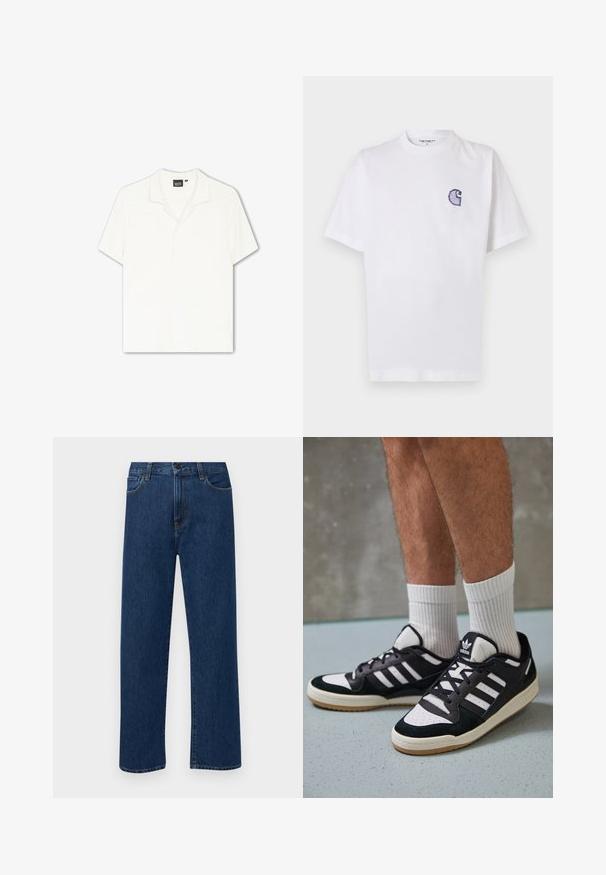 Kortermet skjorte i off-white med teksturert, stripet mønster og krage. Enfarget front uten synlige knapper eller detaljer.; Hvit bomulls-T-skjorte med korte ermer, rund hals og en liten, brodert blå "C"-logo på venstre brystområde.; Mørkeblå rette jeans i denim med frontlommer og knappelukking, vist på en enkel hvit bakgrunn.; Sorte og hvite sneakers med overdel i semsket skinn og lær, med tre hvite striper, perforert tå og en såle av gummi.