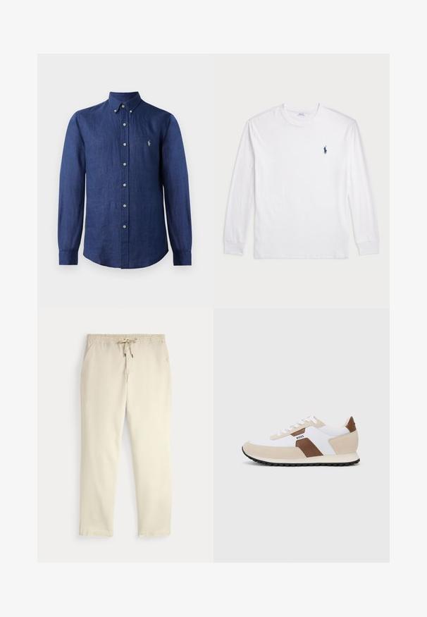 Mørkeblå skjorte med lange ermer laget av lin, med krage med knapper, utstyrt med en liten logo og knappefester foran.; Hvit langermet T-skjorte laget av bomull. Har rund hals, ribbestrikkede mansjetter, og en liten marineblå polo-logo på venstre bryst.; Off-white kosebukser med elastisk midje og snor, rette ben og sidelommer mot en ensfarget bakgrunn.; Sneakers med en kombinasjon av hvit nett og beige semsket skinn, med et brunt lærdetalj. Rund tå, flat gummisåle og snøring.