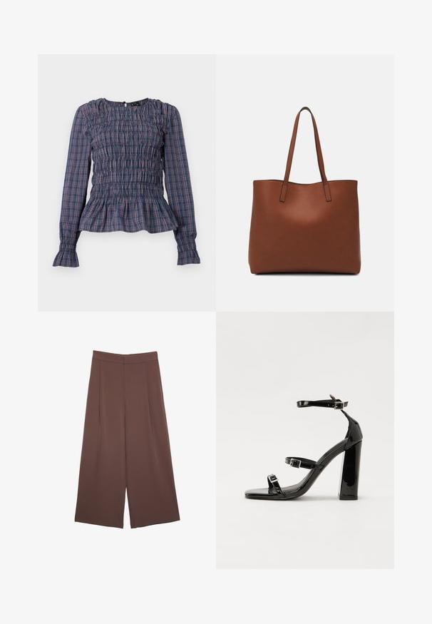 Sininen ja punainen ruudullinen pitkähihainen paita, jossa on smockattu yläosa ja röyhelöhelma sekä -hihansuut, esitetty valkoisella taustalla.; Ruskeat leveälahkeiset housut, joissa on sileä pinta, korkea vyötärö ja etupleat. Kangas on kevyttä ja laskeutuu väljänä.; Musta kiiltävä korkokenkä sandaalit neliönmuotoisella varpaalla, nilkkaremmillä ja hopeisilla soljilla. Varustettu tukevalla lohkokorkealla vakauden takaamiseksi.; Ruskea nahkainen olkalaukku, jossa on sileä pinta, avoin yläosa ja kaksi olkahihnaa. Omaavat vain minimaalisen ompelun eikä näkyvää metalliosaa.