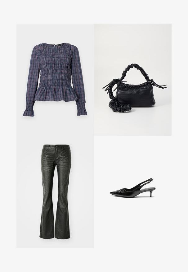 Langärmlige Bluse in blau-rotem Karomuster mit smockerndem Oberteil sowie Rüschensaum und -manschetten, auf einem weißen Hintergrund präsentiert.; Schwarze Kunstleder-Flared-Jeans mit Fronttaschen, einem Metallknopfverschluss und einer leicht strukturierten Oberfläche. Schmaler Schnitt mit langem Bein.; Schwarze Leder-Slingback-Absätze mit einer spitzen Zehenform, kleinen Kitten-Absätzen und einem dekorativen Knoten-Detail auf der Vorderseite. Glatte Textur über die gesamte Fläche.; Schwarze Handtasche aus Kunstleder mit Krokodilstruktur, gerafftem oberen Teil und einem geschoppten Tragegurt. Sie wirkt weich und kompakt im Design.