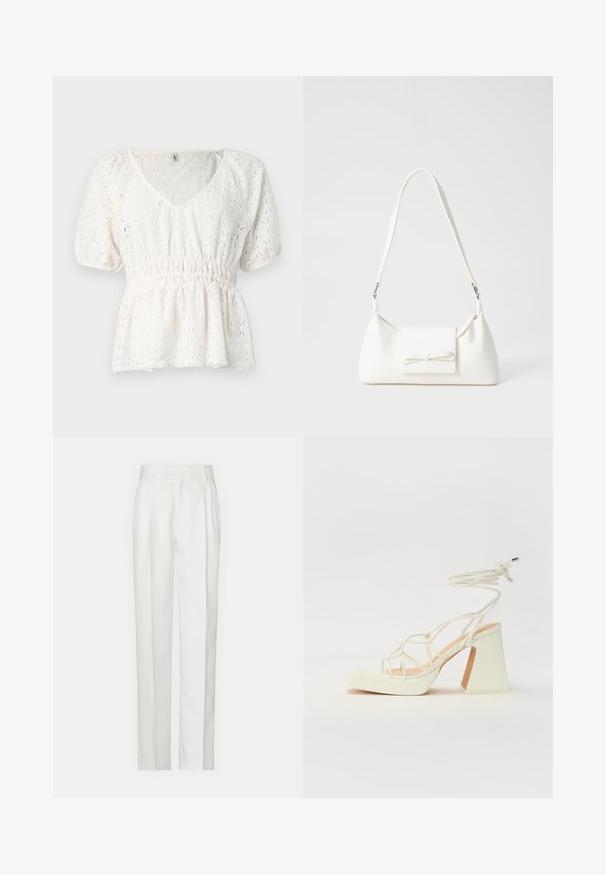 Valge lühikeste varrukatega topp, mis on valmistatud tekstuuriga kangast, V-kaelusega, elastse vöökoha ja keeruka kaheksanurga mustriga kogu ulatuses.; Valged triibulised püksid, sirgete jalgade disainiga, valmistatud kergest kangast. Ees on voldid ja traditsiooniline talje.; Valged kõrge kontsaga sandaalid, millel on paks konts ja rihmadega disain koos pahkluu sidumisega. Sile tekstuur ja platvorm ees, et lisada kõrgust.; Valge sünteetilisest materjalist kott kolmnurkse kujuga, lame esiklapiga ja kaaredetailiga, reguleeritava rihmaga, sileda tekstuuriga ja minimalistliku disainiga.